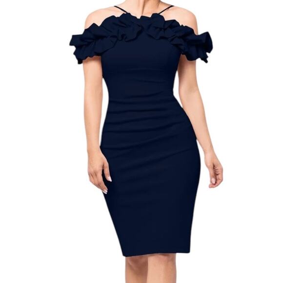 Xscape dress Tyler Short Scuba Crepe Off the Shoulder Ruffle blue size 16 - Picture 1 of 7